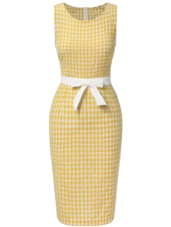 Best Retro Stage 1960s Round Neck Gingham Bow Sleeveless Dress Yellow