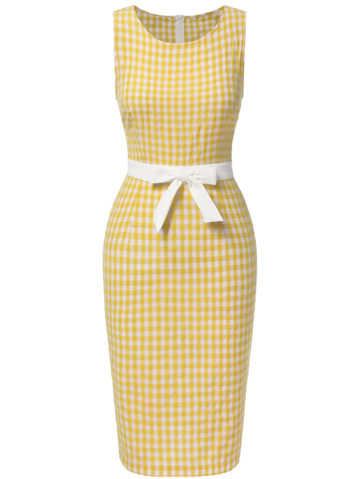 Best Retro Stage 1960s Round Neck Gingham Bow Sleeveless Dress Yellow