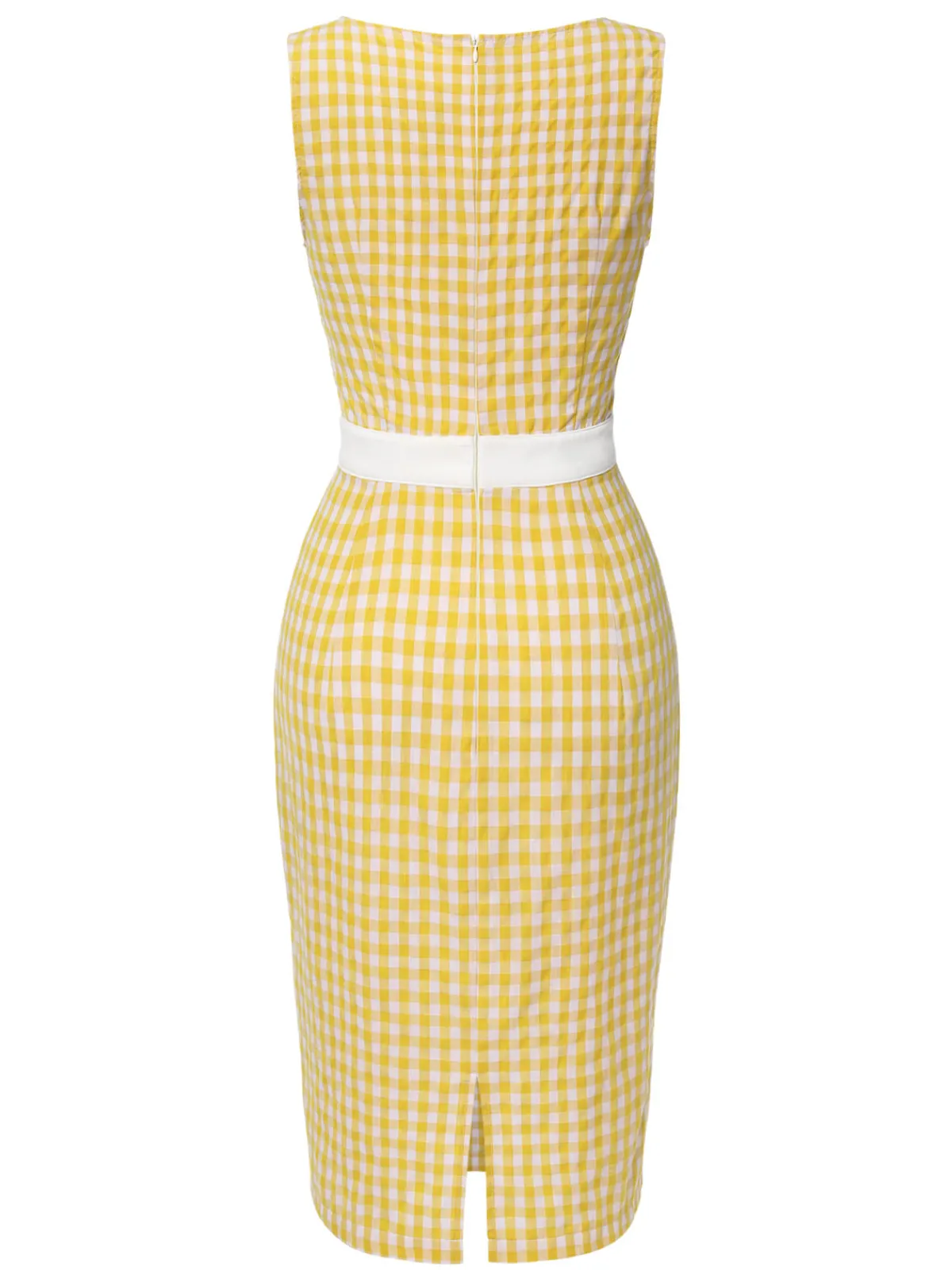 Best Retro Stage 1960s Round Neck Gingham Bow Sleeveless Dress Yellow