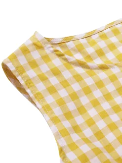 Best Retro Stage 1960s Round Neck Gingham Bow Sleeveless Dress Yellow