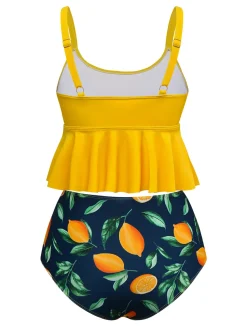 Online Retro Stage 1950s Ruffle Lemon Print Tankini Set Yellow