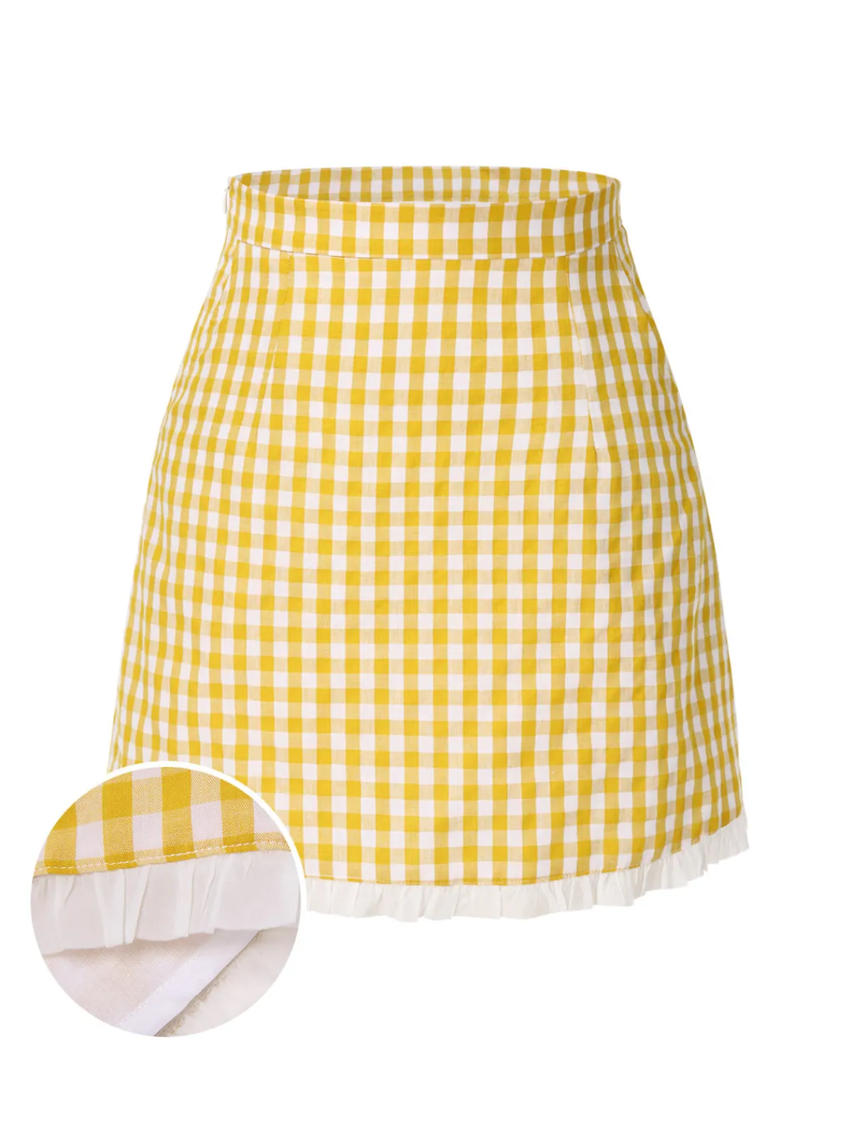Outlet Retro Stage 1960s Ruffles Plaid Skirt Yellow