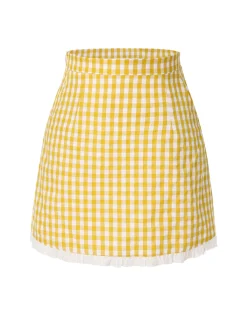Outlet Retro Stage 1960s Ruffles Plaid Skirt Yellow