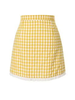 Outlet Retro Stage 1960s Ruffles Plaid Skirt Yellow