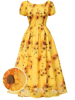 Hot Retro Stage 1970s Scoop Midi A-line Sunflower Dress Yellow