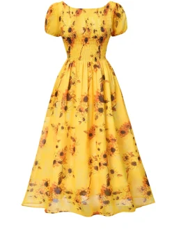 Hot Retro Stage 1970s Scoop Midi A-line Sunflower Dress Yellow
