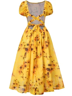 Hot Retro Stage 1970s Scoop Midi A-line Sunflower Dress Yellow