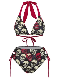 Discount Retro Stage Yellow 1950s Skull Halter Swimsuit