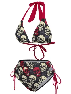 Discount Retro Stage Yellow 1950s Skull Halter Swimsuit