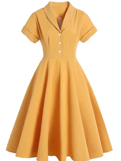 Clearance Retro Stage 1950s Solid Buttoned Swing Dress Yellow