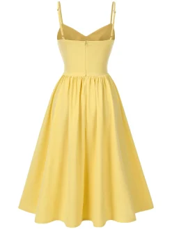 Hot Retro Stage 1940s Solid Corset Spaghetti Straps Dress Yellow
