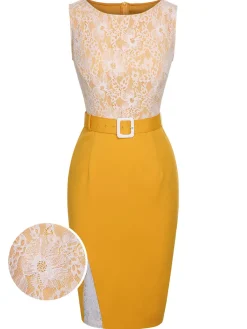 Outlet Retro Stage 1960s Solid Lace Patchwork Belt Dress Yellow