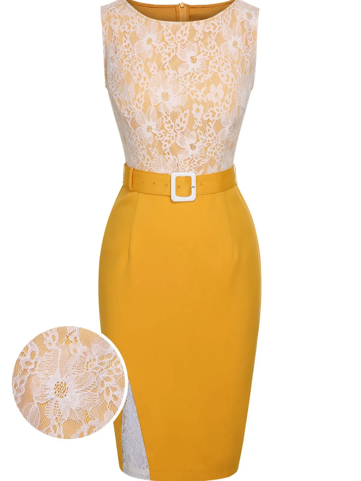 Outlet Retro Stage 1960s Solid Lace Patchwork Belt Dress Yellow