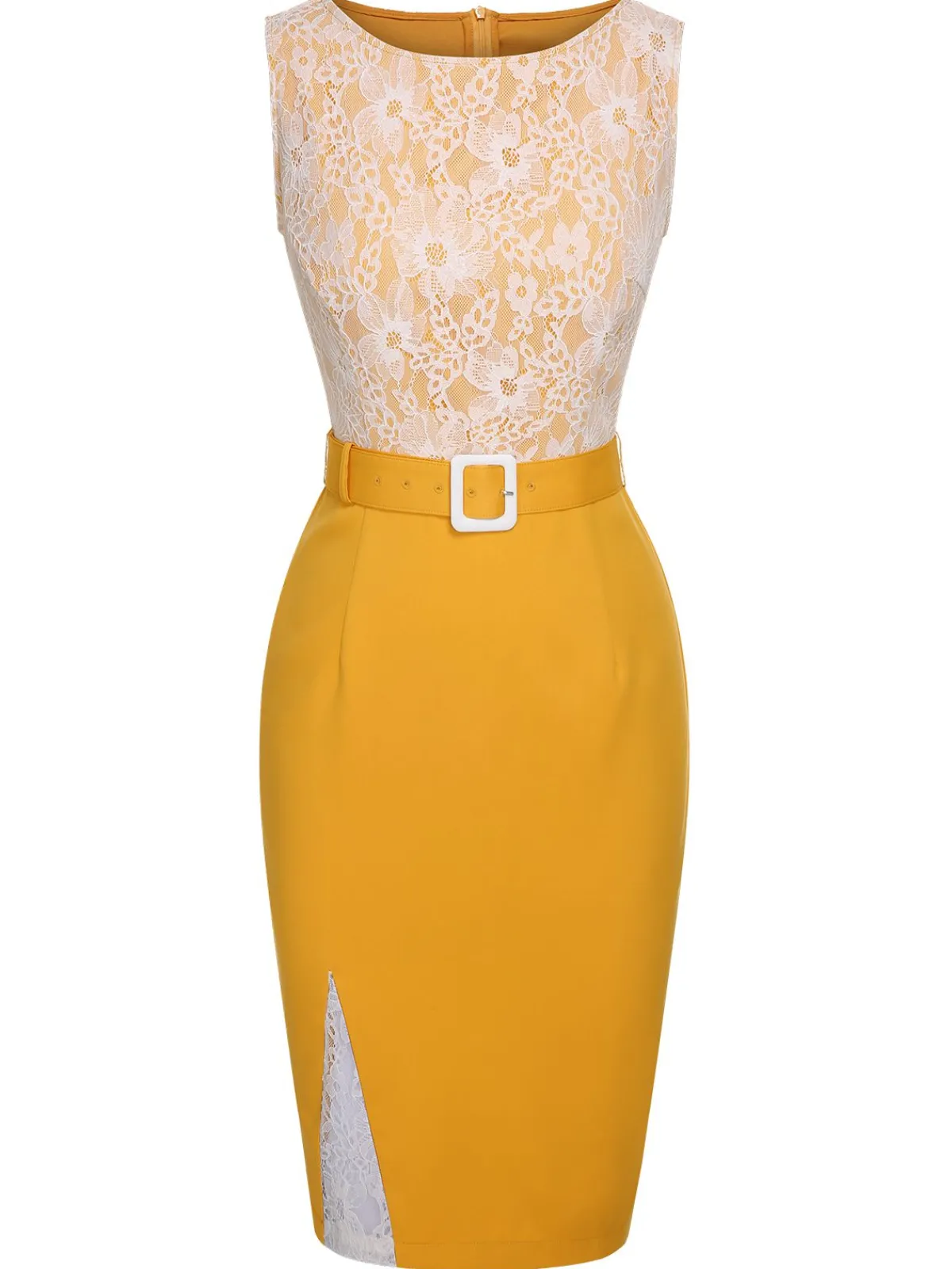 Outlet Retro Stage 1960s Solid Lace Patchwork Belt Dress Yellow