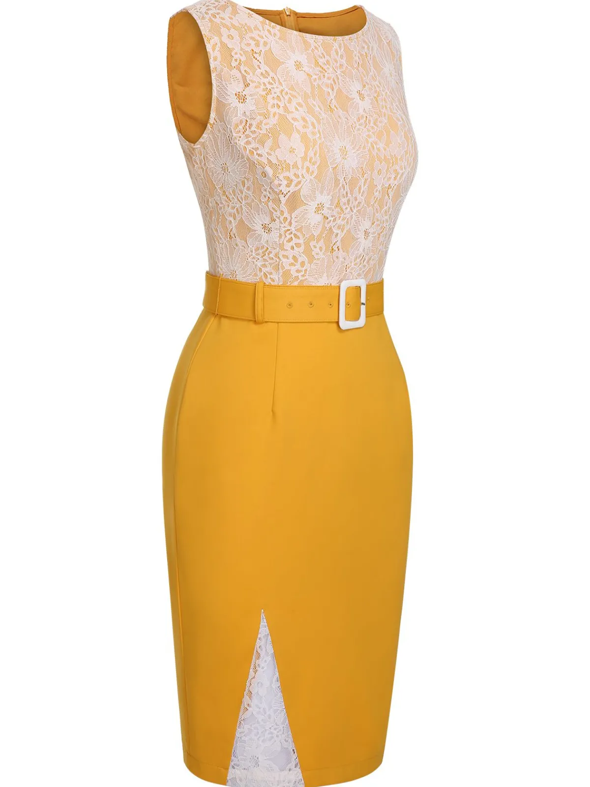 Outlet Retro Stage 1960s Solid Lace Patchwork Belt Dress Yellow