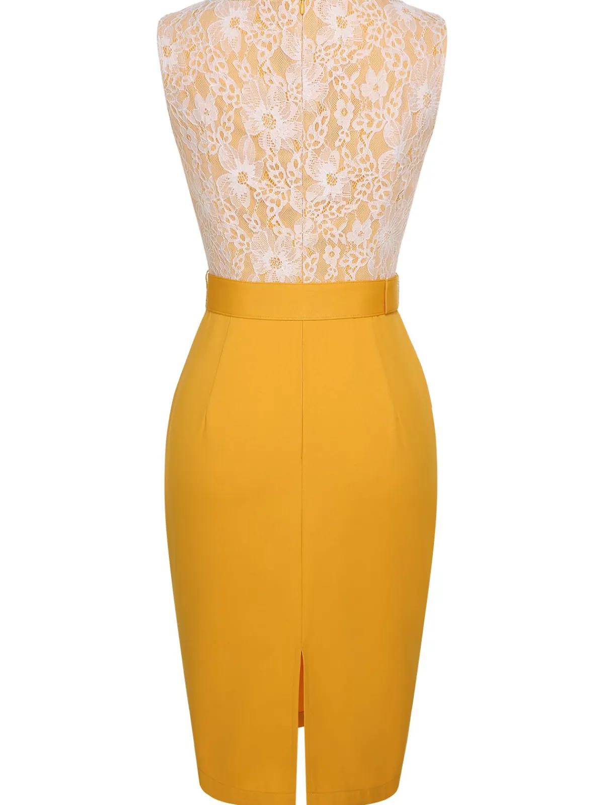 Outlet Retro Stage 1960s Solid Lace Patchwork Belt Dress Yellow