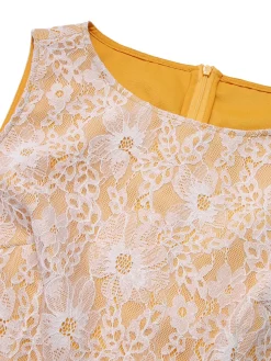 Outlet Retro Stage 1960s Solid Lace Patchwork Belt Dress Yellow