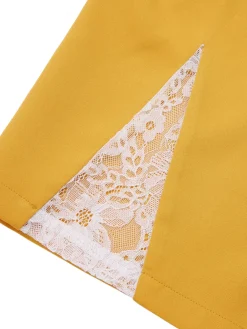 Outlet Retro Stage 1960s Solid Lace Patchwork Belt Dress Yellow