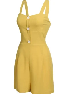 New Retro Stage 1950s Spaghetti Strap Button Romper Yellow
