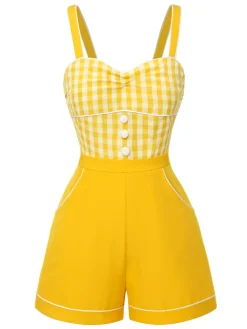 New Retro Stage 1950s Spaghetti Strap Plaids Romper Yellow