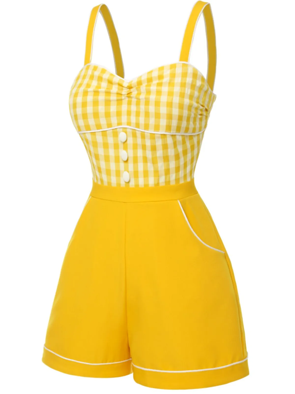 New Retro Stage 1950s Spaghetti Strap Plaids Romper Yellow