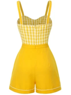 New Retro Stage 1950s Spaghetti Strap Plaids Romper Yellow
