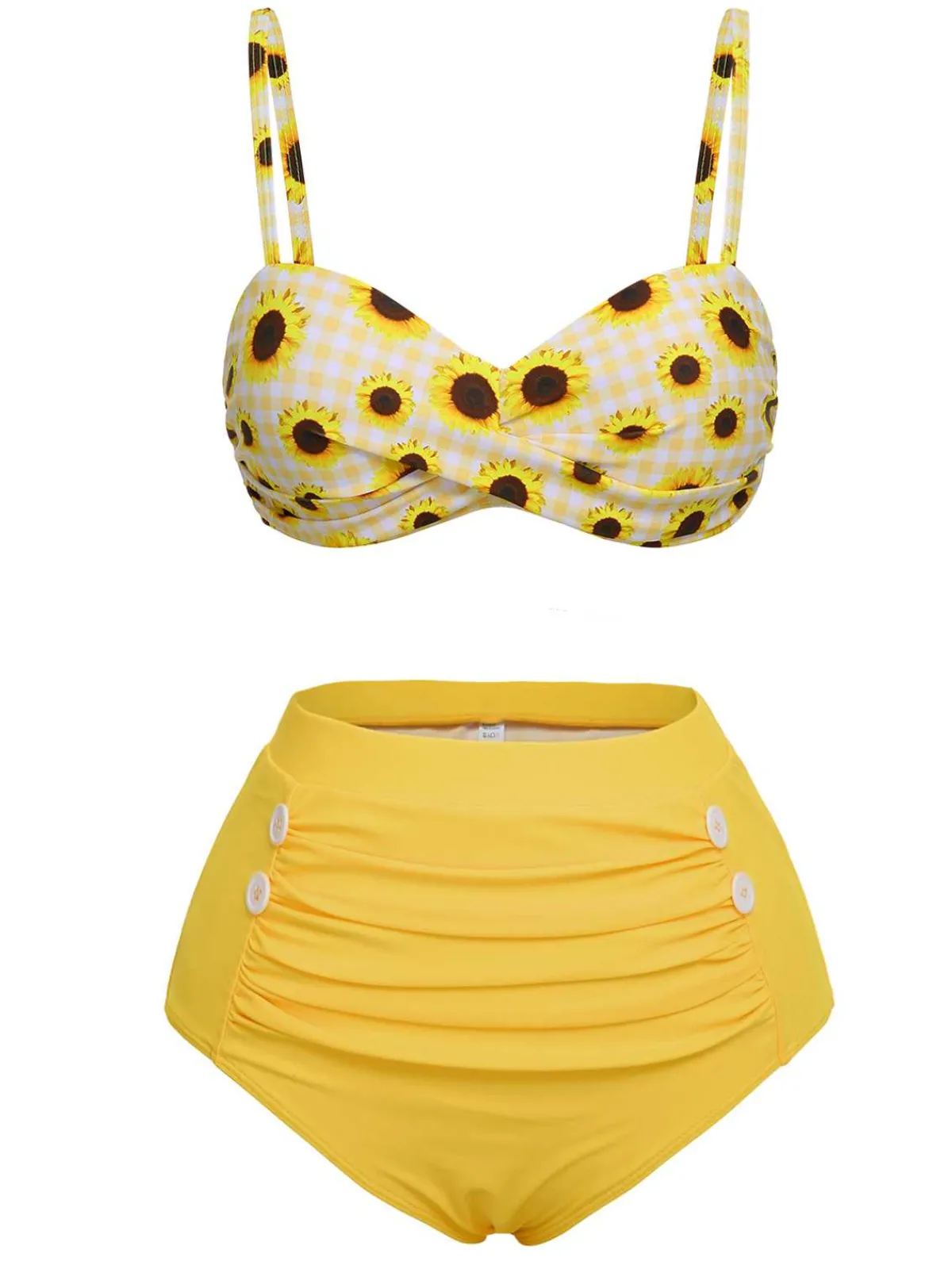 Discount Retro Stage 1950s Spaghetti Strap Sunflower Plaids Swimsuit Yellow