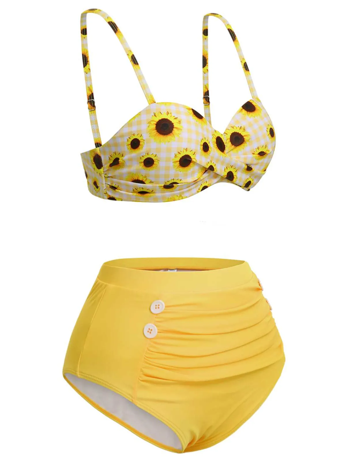 Discount Retro Stage 1950s Spaghetti Strap Sunflower Plaids Swimsuit Yellow