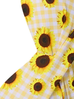 Discount Retro Stage 1950s Spaghetti Strap Sunflower Plaids Swimsuit Yellow