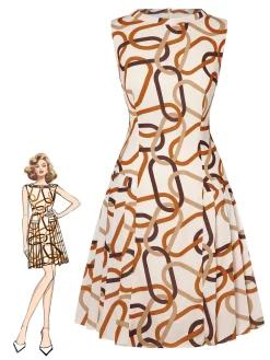 Sale Retro Stage 1960s Stand Collar Printed Pleated Dress Yellow