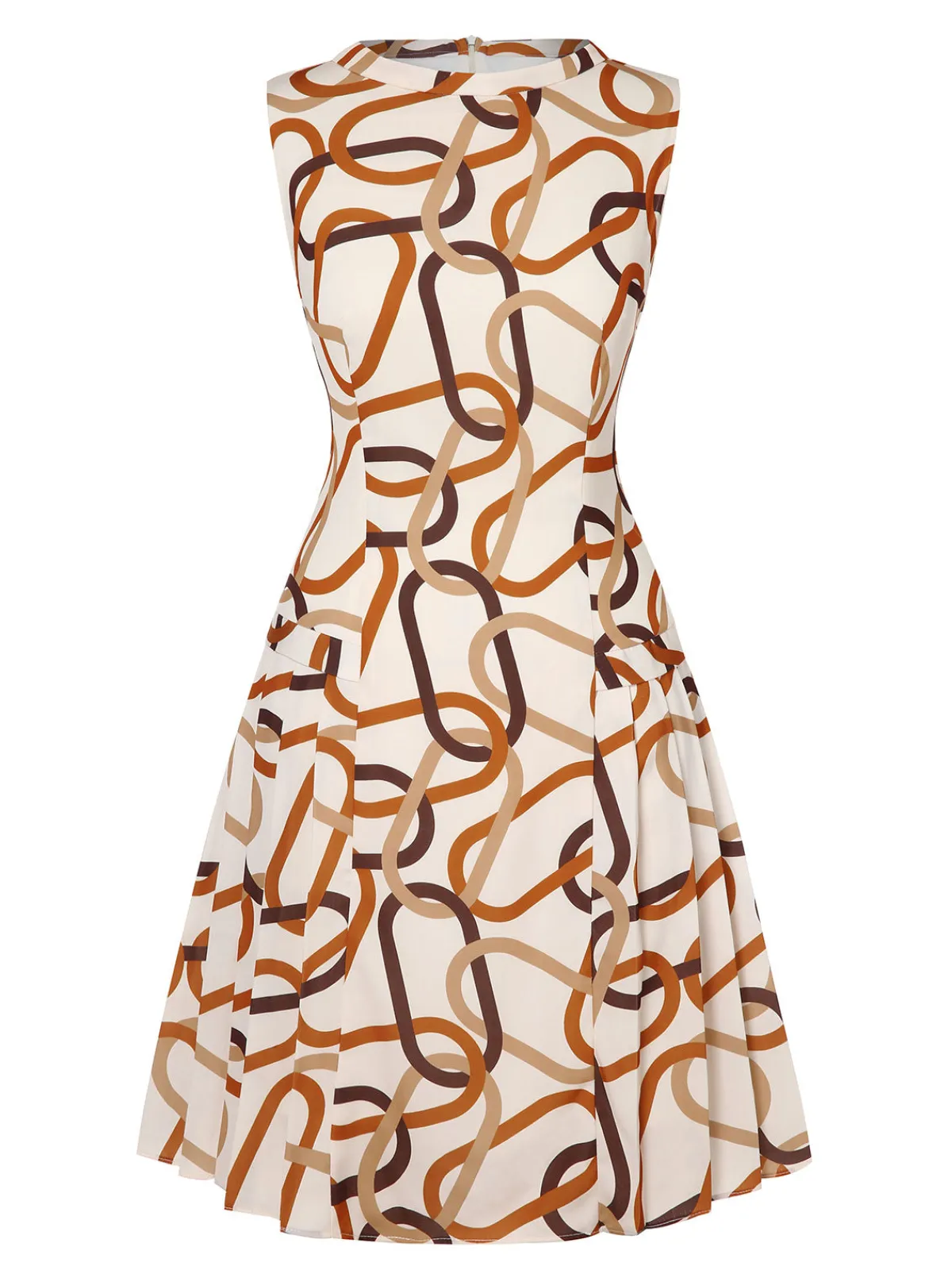 Sale Retro Stage 1960s Stand Collar Printed Pleated Dress Yellow