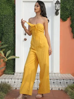 Best Retro Stage 1970s Strapless Bow Solid Jumpsuit Yellow
