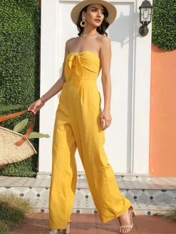 Best Retro Stage 1970s Strapless Bow Solid Jumpsuit Yellow