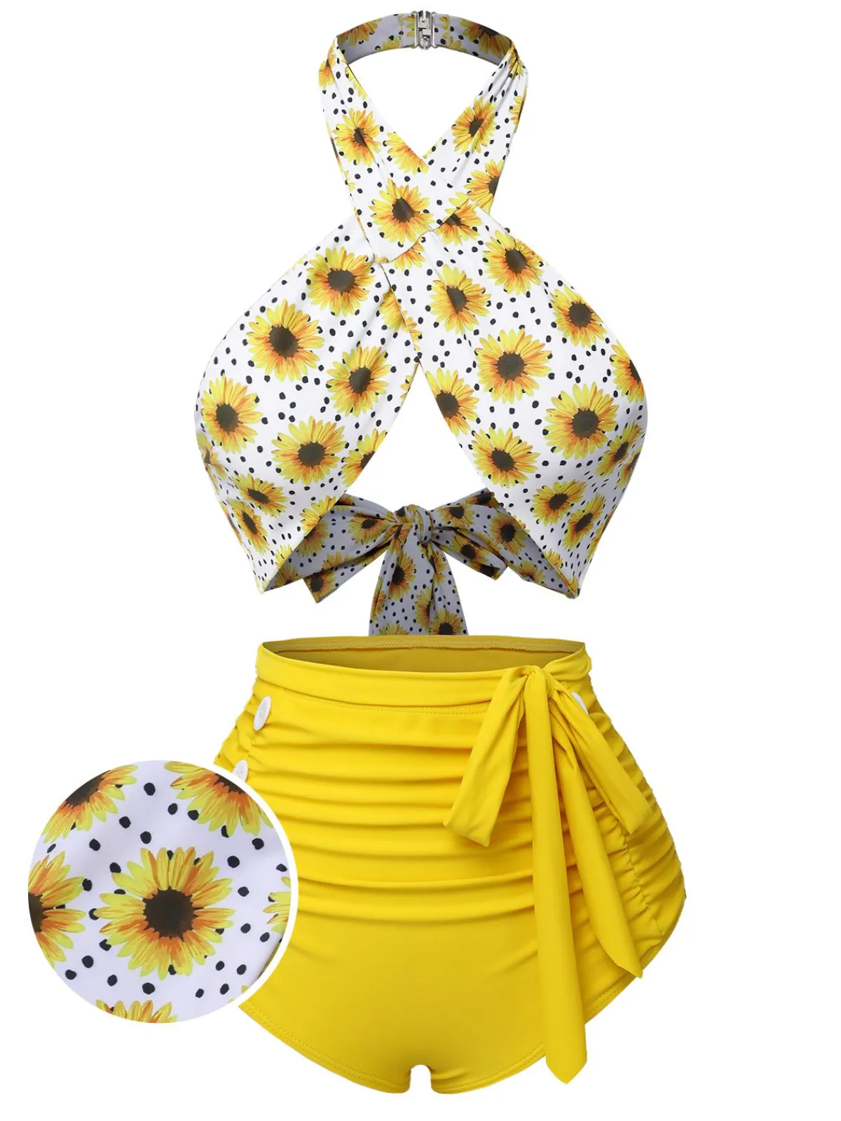 Sale Retro Stage Yellow 1950s Sunflower Cross Halter Swimsuit
