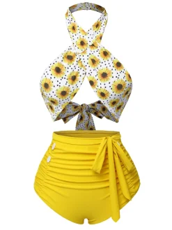 Sale Retro Stage Yellow 1950s Sunflower Cross Halter Swimsuit
