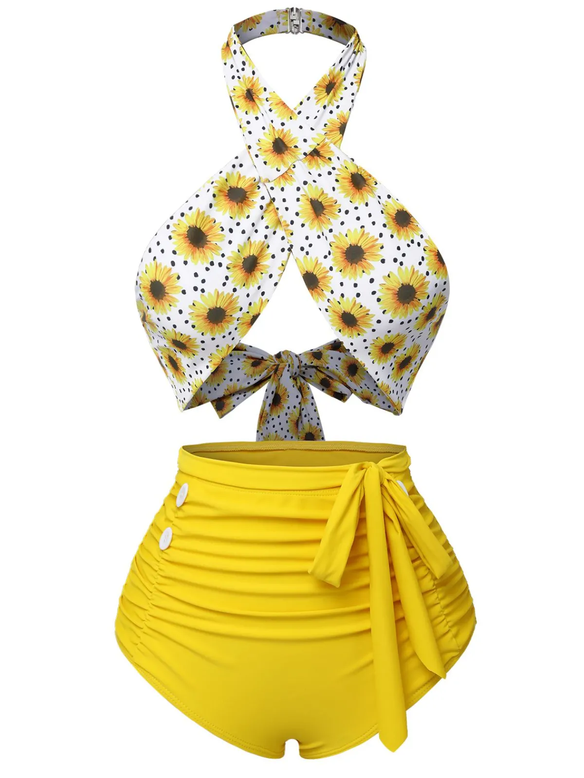 Sale Retro Stage Yellow 1950s Sunflower Cross Halter Swimsuit
