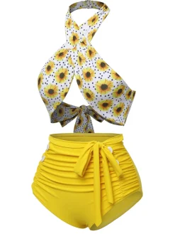 Sale Retro Stage Yellow 1950s Sunflower Cross Halter Swimsuit