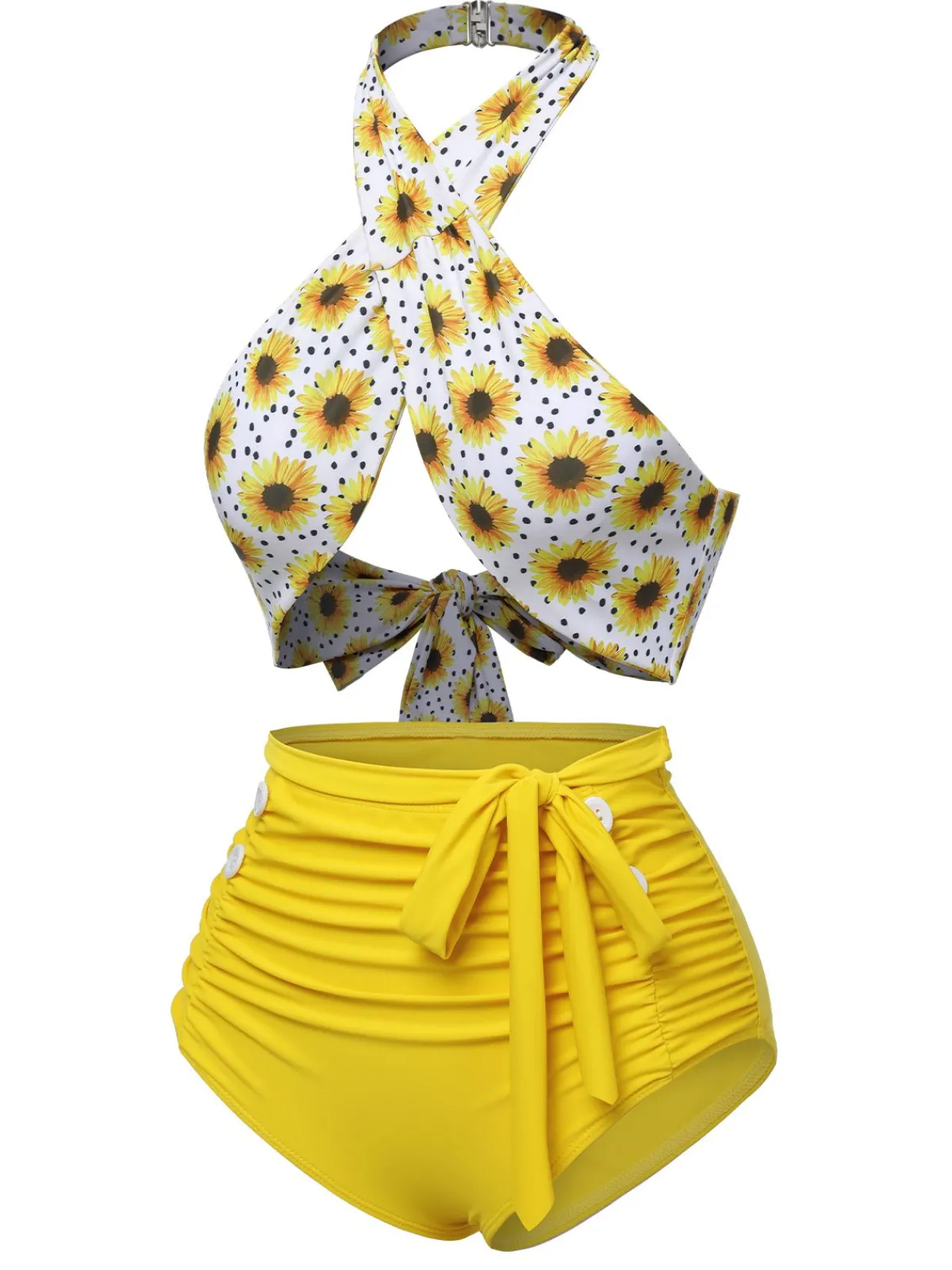 Sale Retro Stage Yellow 1950s Sunflower Cross Halter Swimsuit