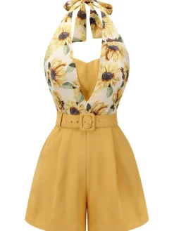 Hot Retro Stage 1950s Sunflower Halter Romper Yellow