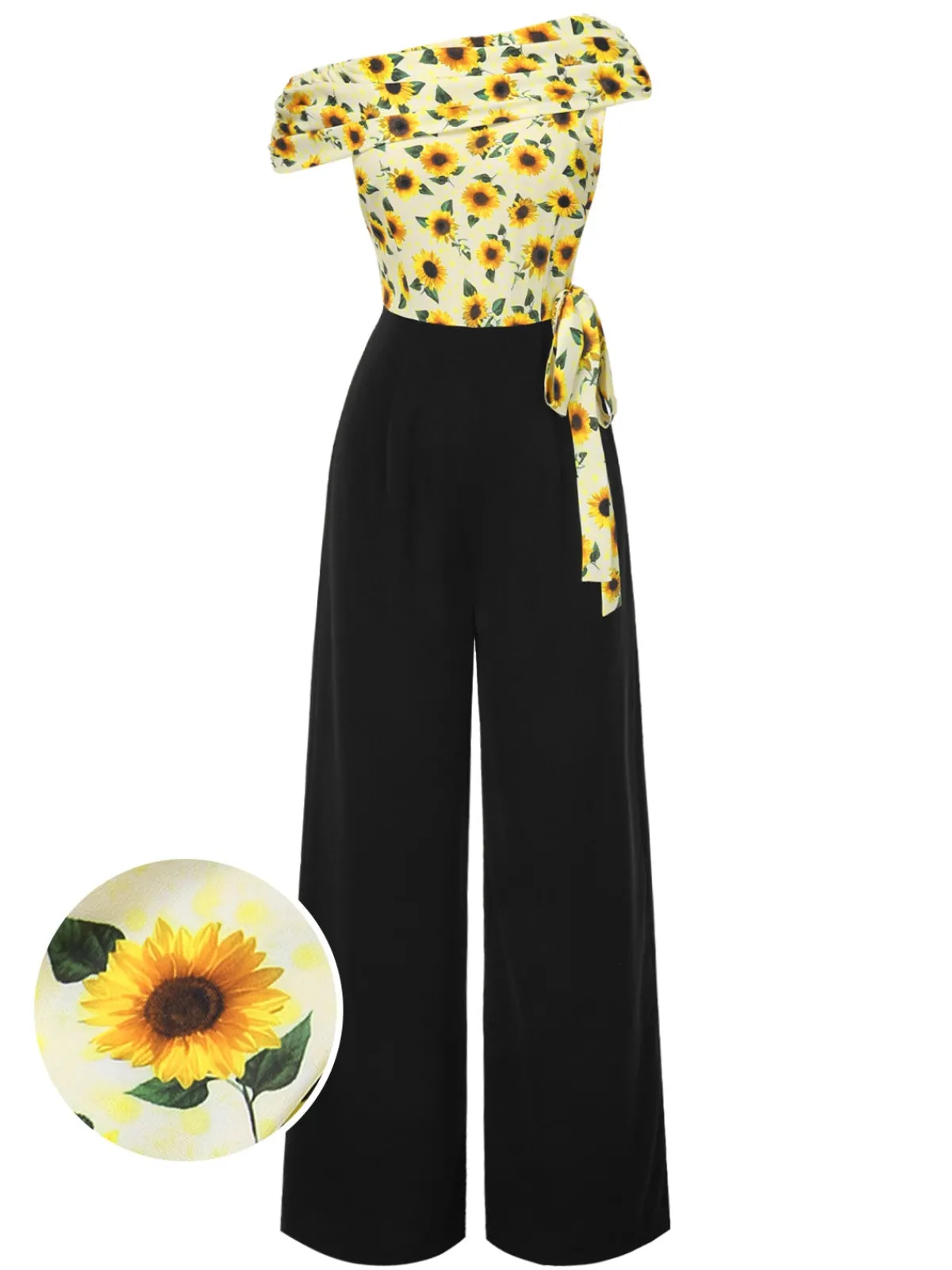 Best Retro Stage 1930s Sunflower Oblique Neck Jumpsuit Yellow