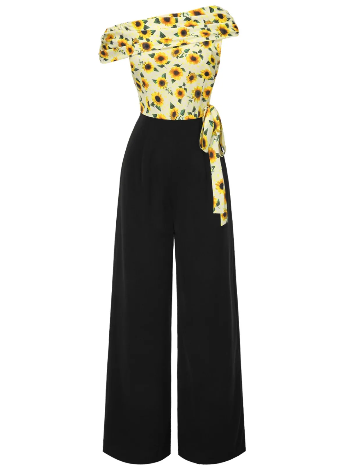 Best Retro Stage 1930s Sunflower Oblique Neck Jumpsuit Yellow