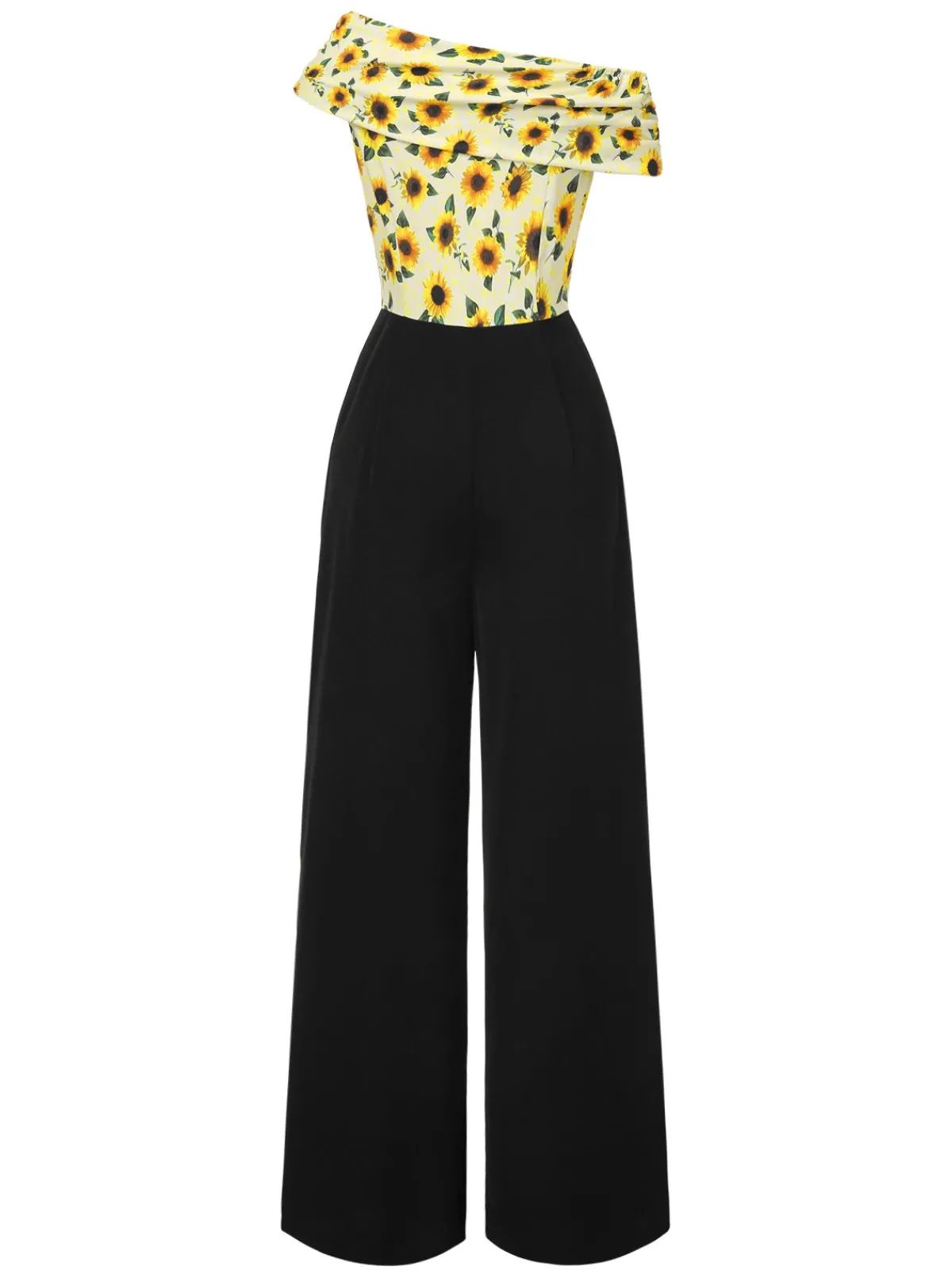 Best Retro Stage 1930s Sunflower Oblique Neck Jumpsuit Yellow