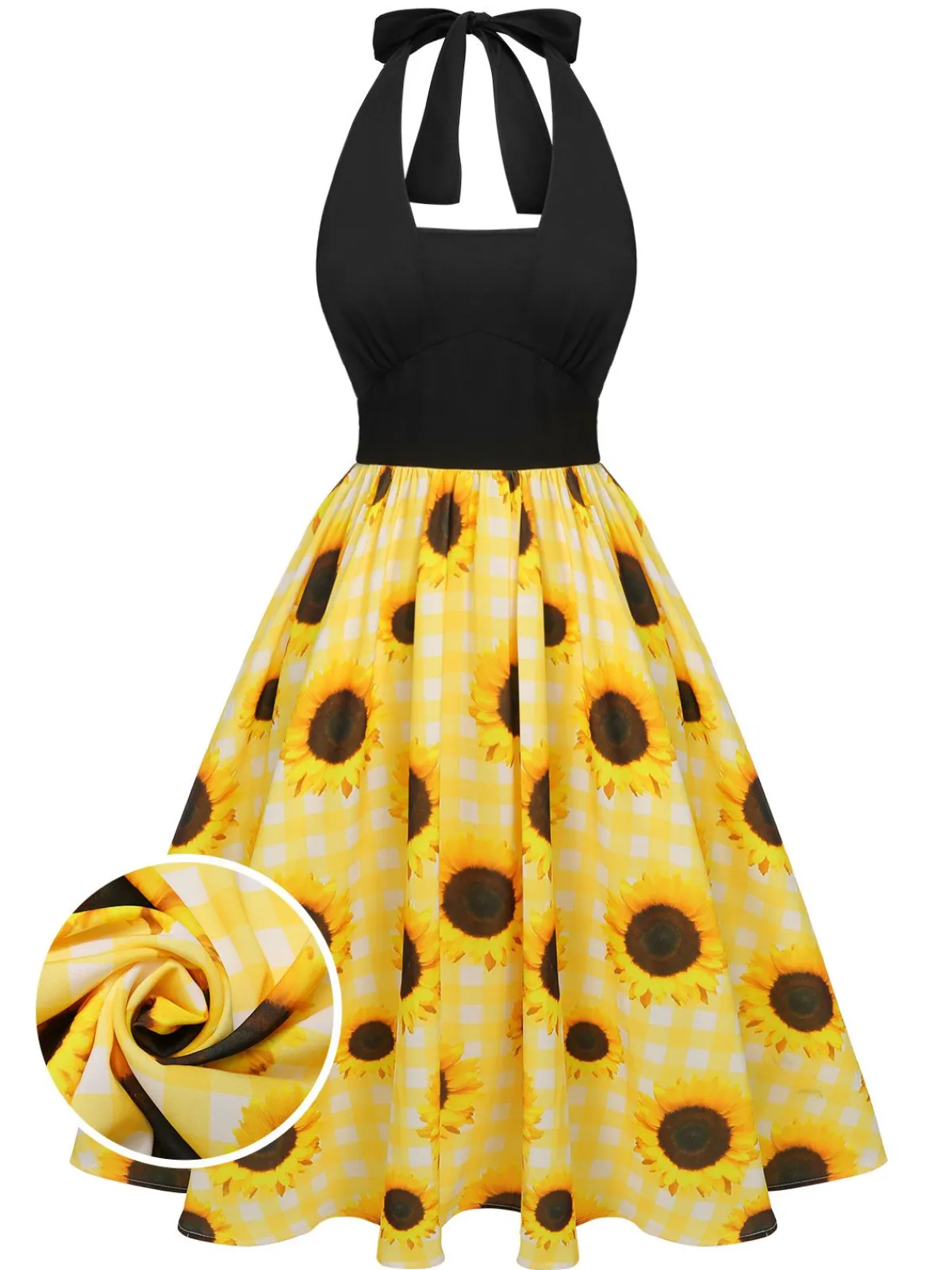 Hot Retro Stage 1950s Sunflower Plaid Halter Dress Yellow