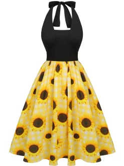 Hot Retro Stage 1950s Sunflower Plaid Halter Dress Yellow