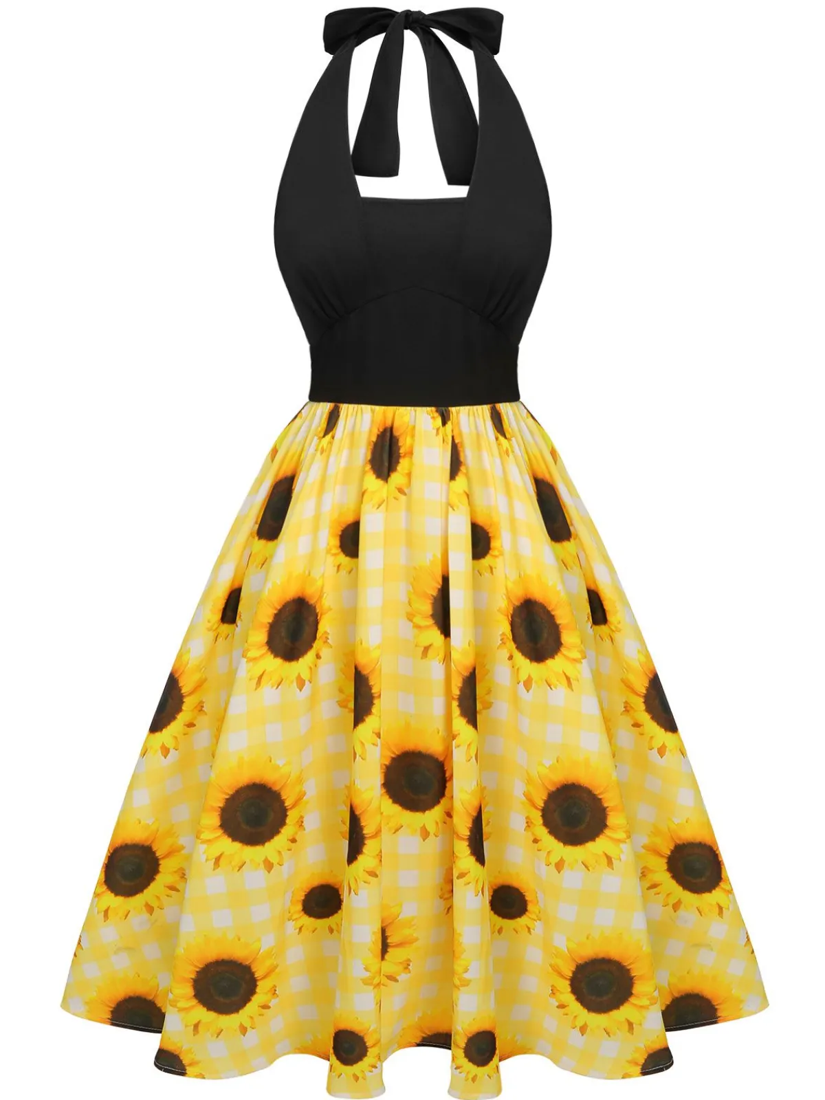 Hot Retro Stage 1950s Sunflower Plaid Halter Dress Yellow