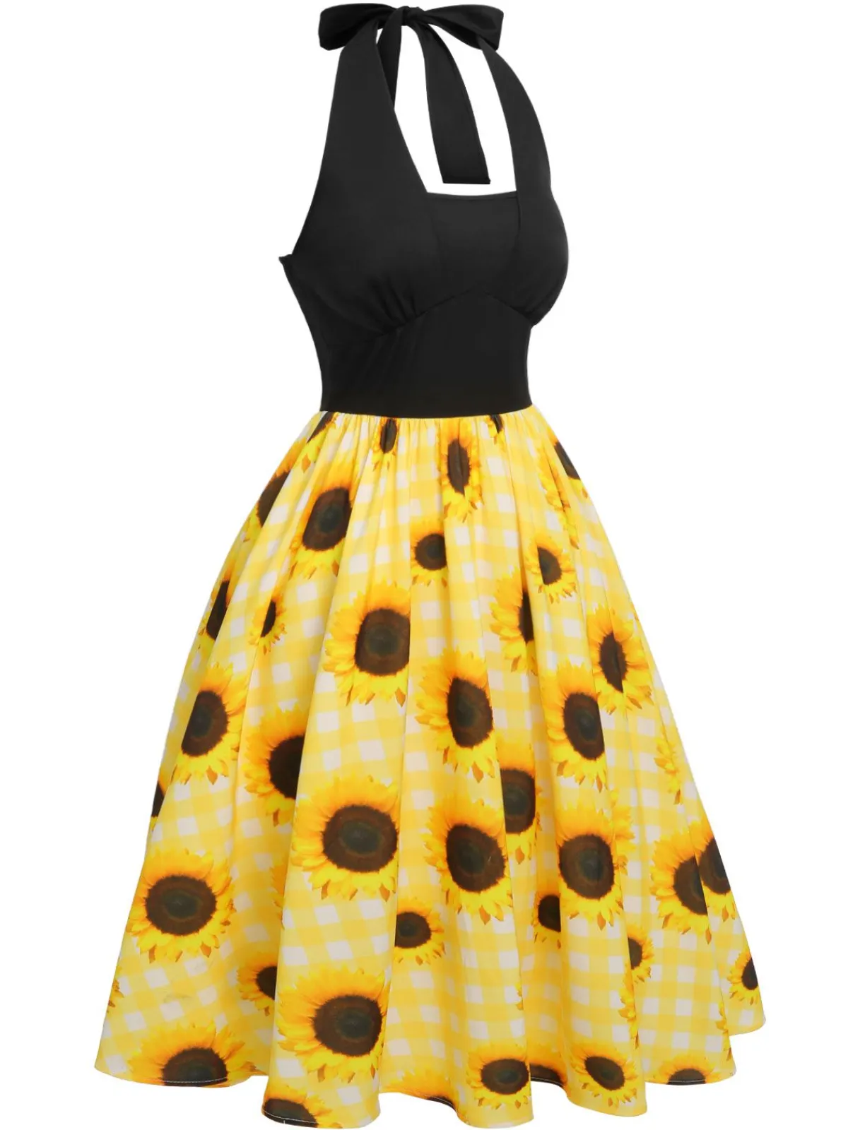 Hot Retro Stage 1950s Sunflower Plaid Halter Dress Yellow