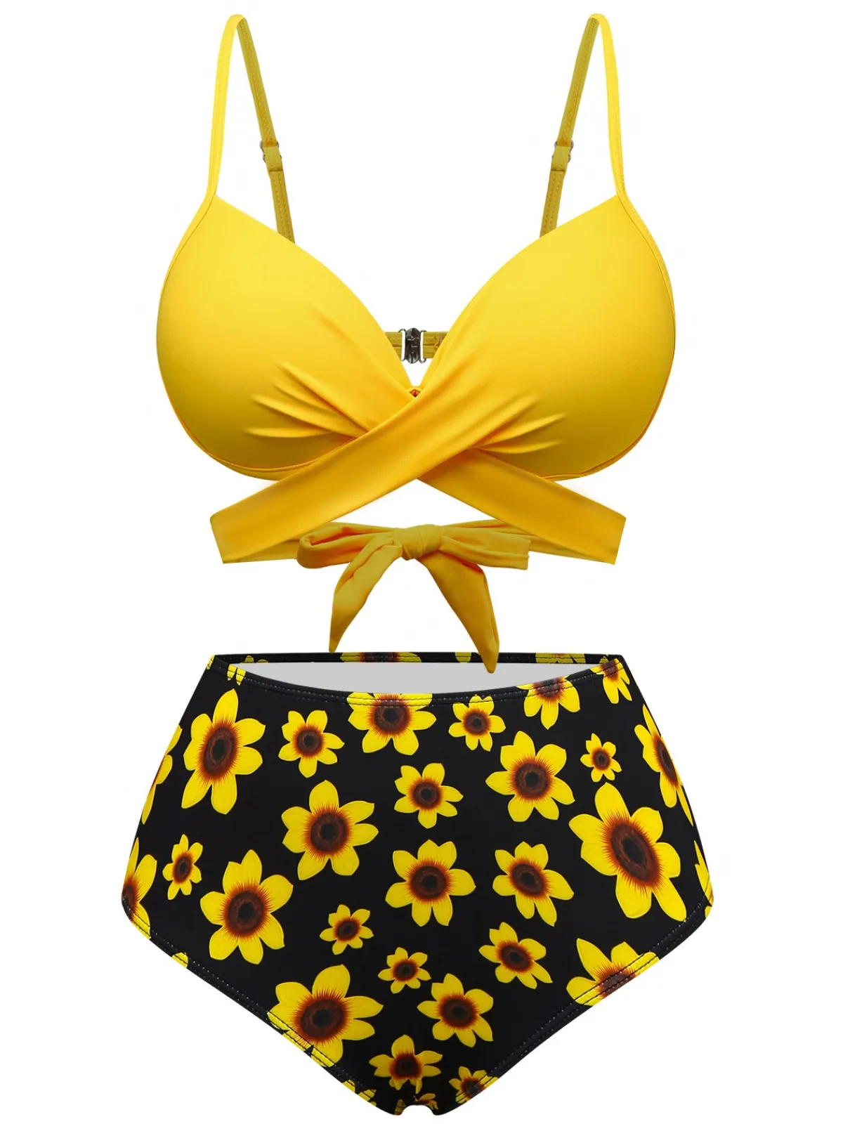 Sale Retro Stage 1950s Sunflower Tie Back Bikini Set Yellow