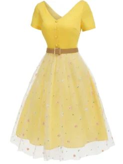 New Retro Stage 1950s V-Neck Daisy Mesh Dress Yellow