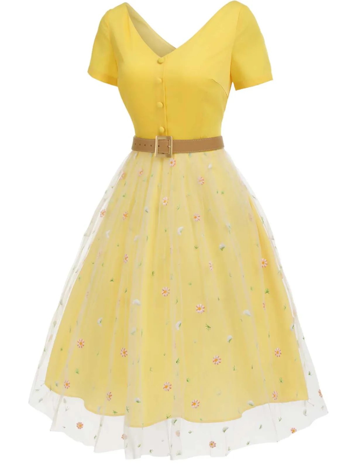 New Retro Stage 1950s V-Neck Daisy Mesh Dress Yellow