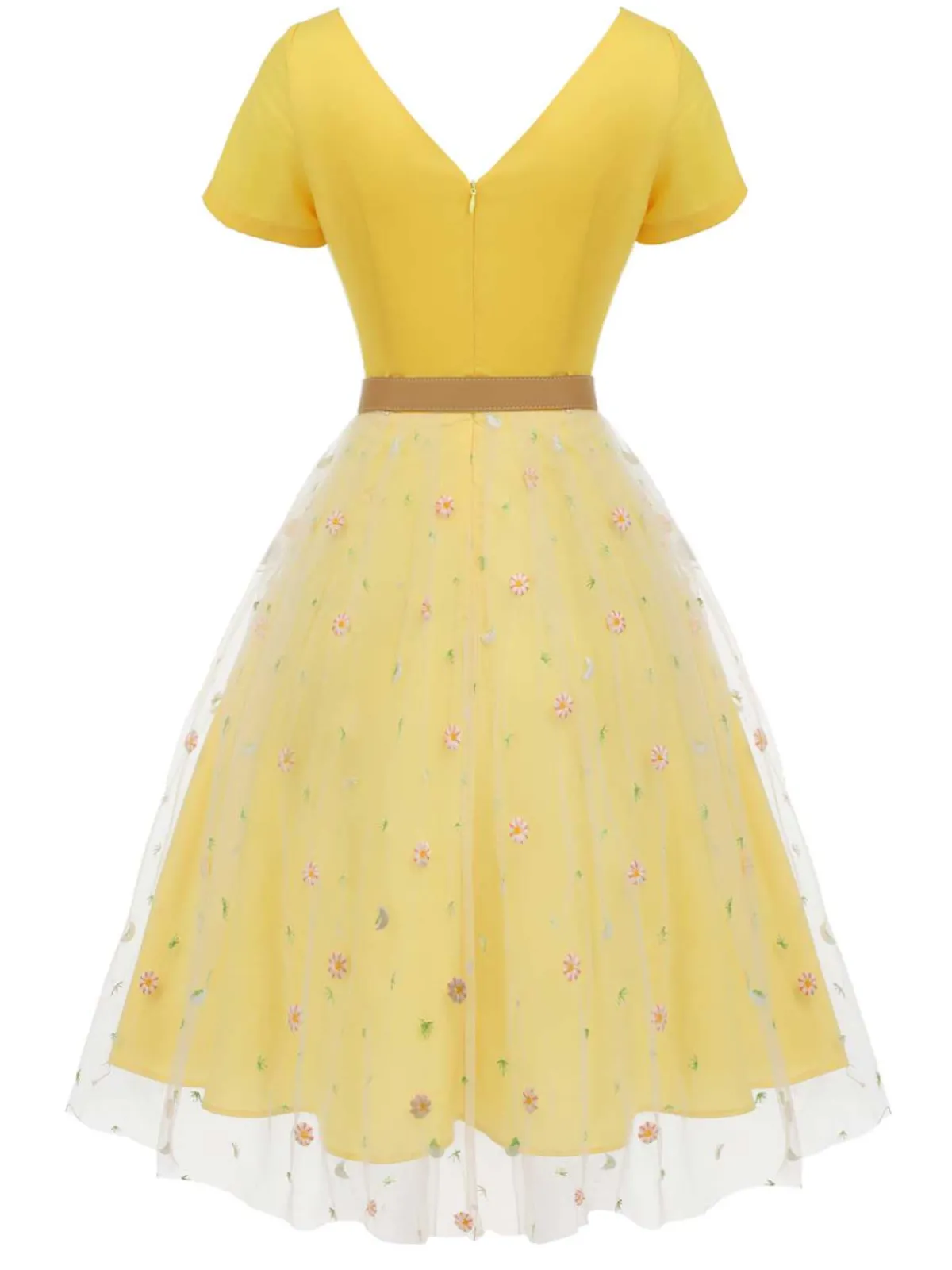 New Retro Stage 1950s V-Neck Daisy Mesh Dress Yellow